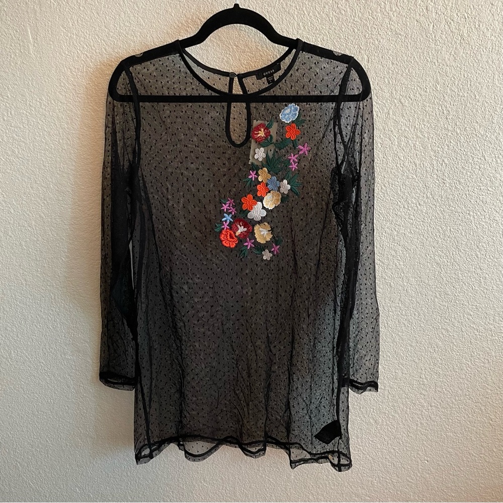 NWT Guess Sheer Cover Up Black Long Sleeve Embroidered Flowers